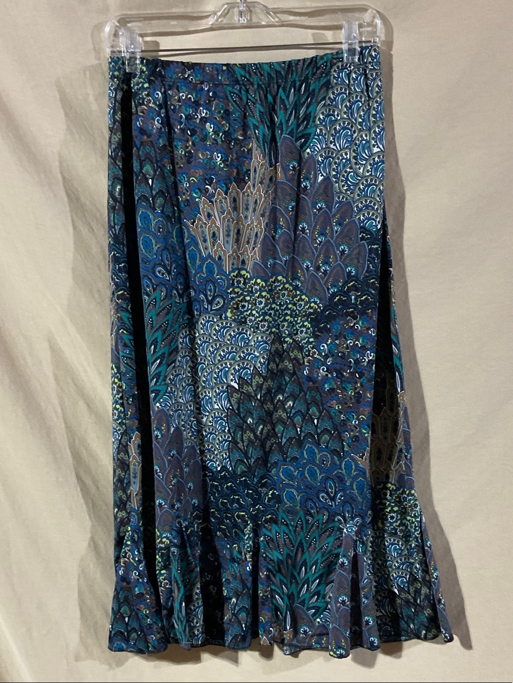 Miss Ashley Size XL Blue Printed Midi Skirt with Peacock-Inspired Pattern